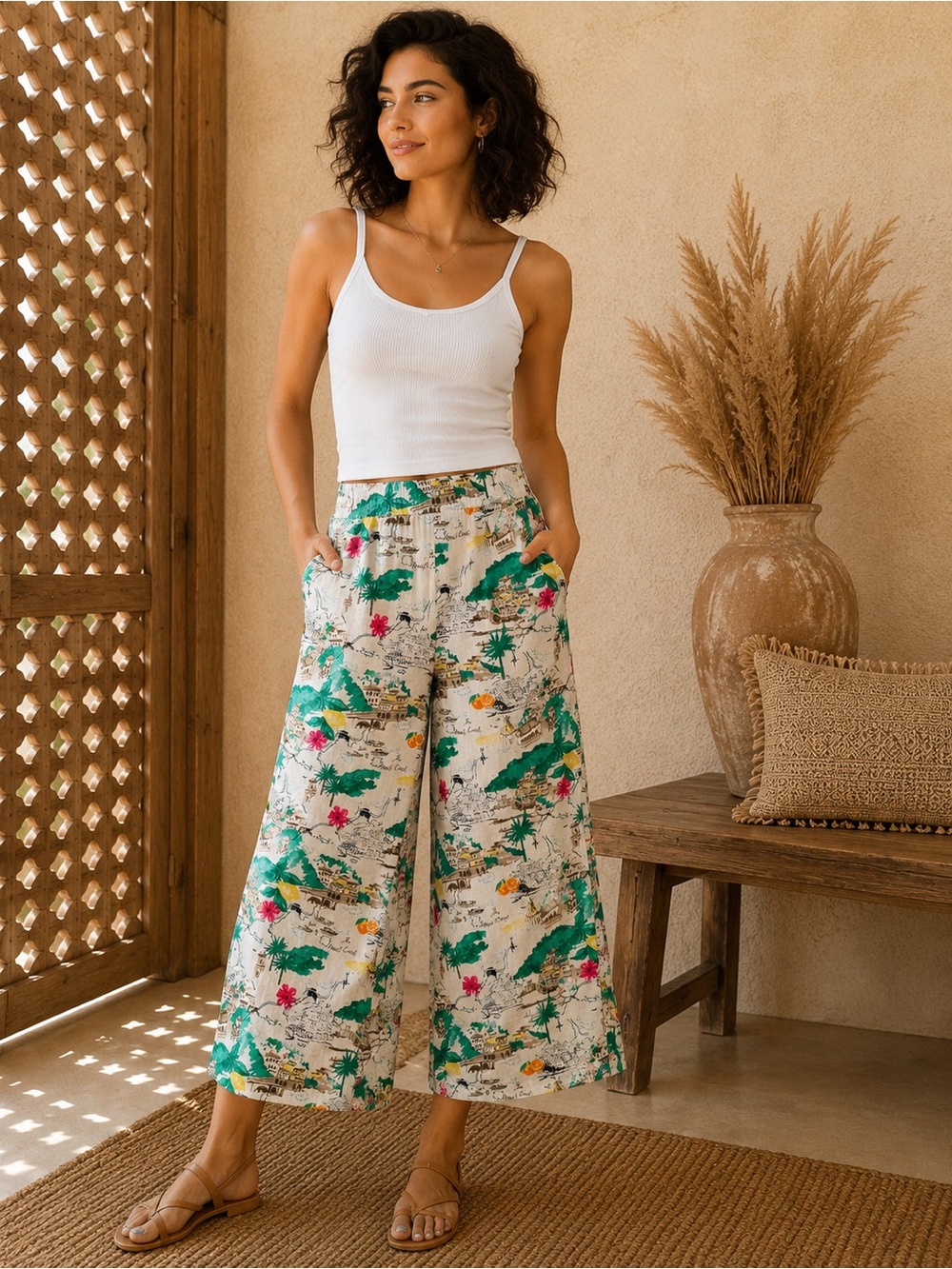 Cynthia Rowley Amalfi Coast Linen Wide Leg Crop Pant Tropical Italy Print Size L